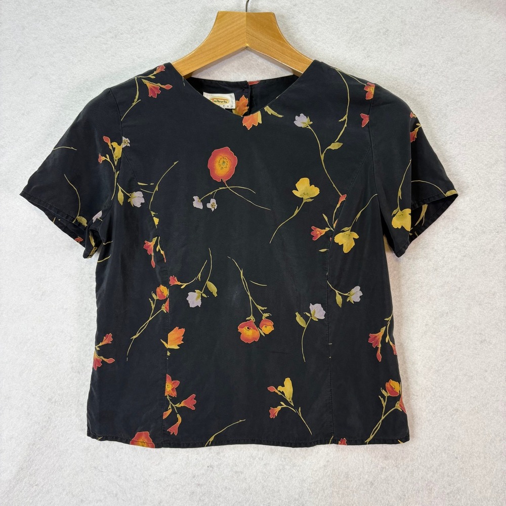 Talbots Vintage Floral Silk Black Short Sleeve Blouse Womens 8P Cottagecore